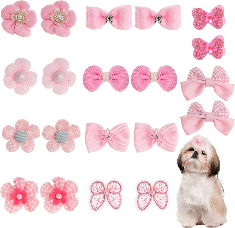 Gvhntk 20Pcs Light Pink Small Dog Hair Bows Cute Puppy Dog Bowknot Hair Bow Bulk with Rubber Bands Elastic Lace Rhinestone Pearls Hair Ties Mix Style Handmade Flower Bow Dog Cat (Light Pink, Cute pattern) - Image 1
